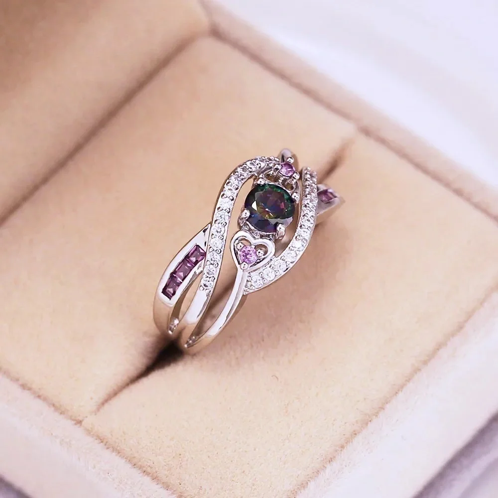 New 925 Silver Romantic Hearts Amethyst Ring